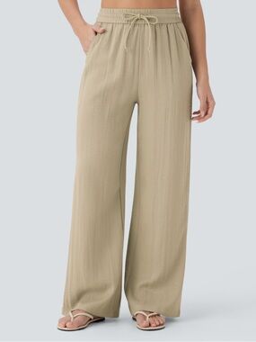 HALARA Relaxed Wide-Leg Drawstring Linen Feel Pants